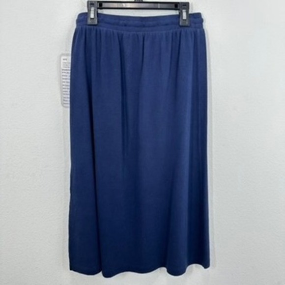 Caslon Navy Knit Ribbed Midi Skirt Side Slit Drawstring Waist Casual Comfort‎ - Picture 4 of 6